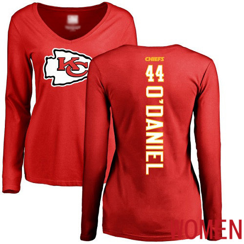 Women Kansas City Chiefs #44 ODaniel Dorian Red Backer Slim Fit Long Sleeve NFL T Shirt->nfl t-shirts->Sports Accessory